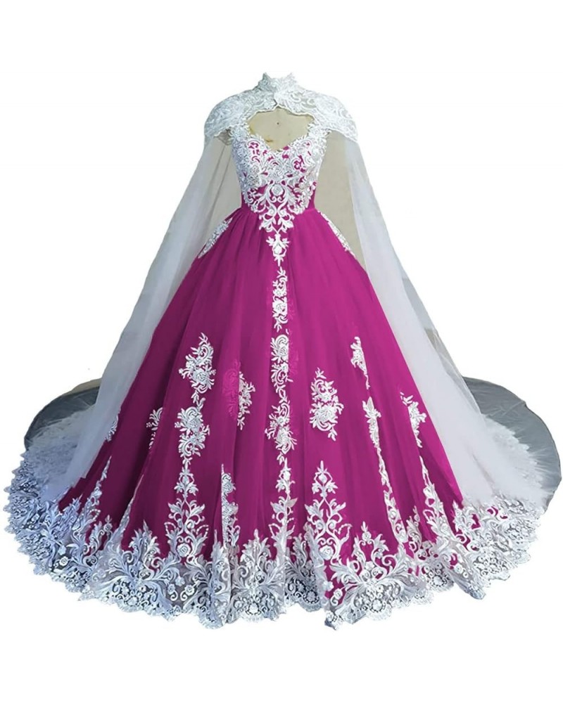 Puffy Off Shoulder Quinceanera Dresses with Cape Ball Gown Tulle Lace Prom Dresses with White Appliques Fuchsia $67.08 Dresses