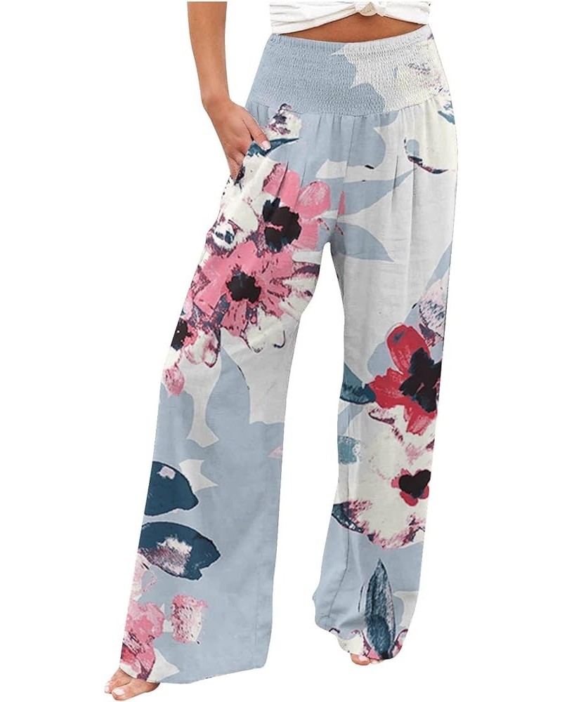 Women Wide Leg Pants Stylish Boho Tropical Print High Waist Elastic Waist Beach Pants Casual Loose Fit Palazzo Pants Light Bl...