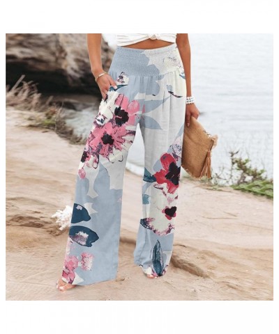 Women Wide Leg Pants Stylish Boho Tropical Print High Waist Elastic Waist Beach Pants Casual Loose Fit Palazzo Pants Light Bl...