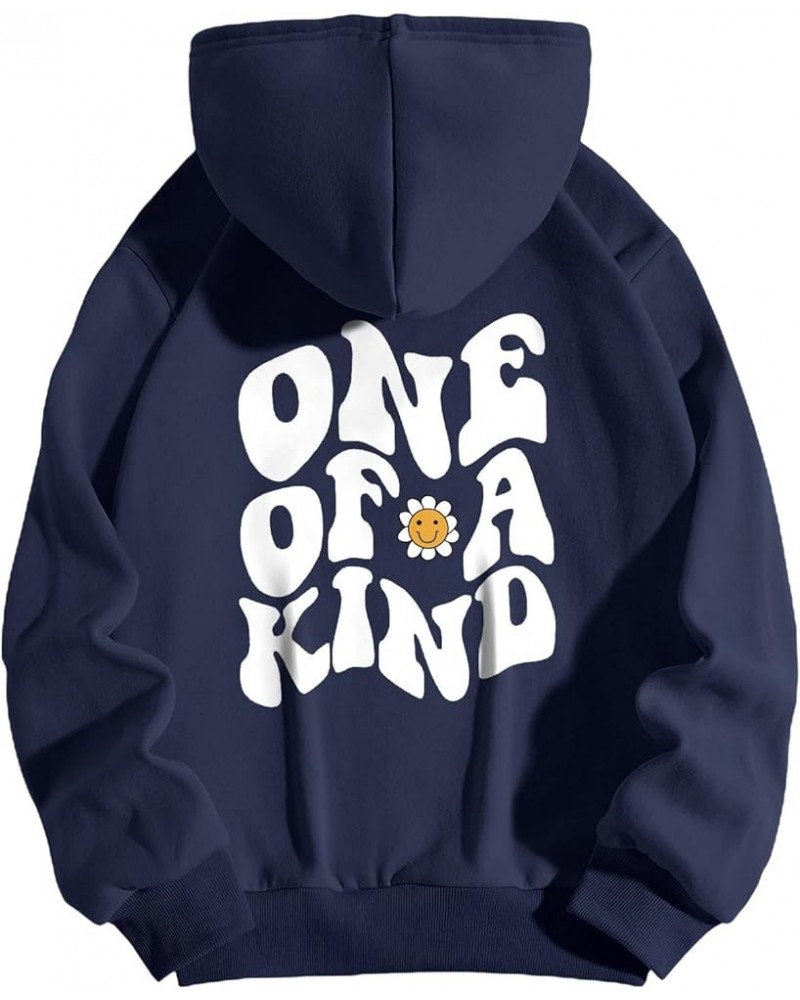 Women Flower Slogan Graphic Drawstring Drop Shoulder Hoodie with Pocket Navy Blue $19.59 Hoodies & Sweatshirts