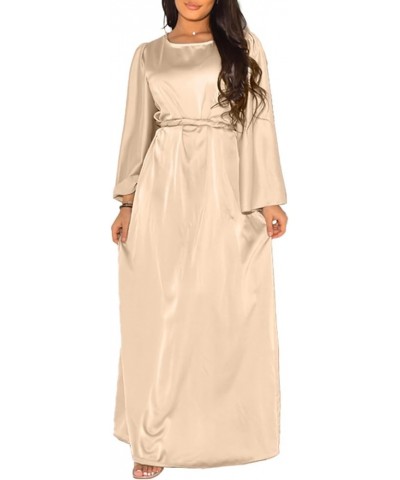 Women's Satin Dress Long Sleeve Crew Neck Belted Cocktail Party Wedding Guest Maxi Dresses Beige $16.96 Dresses