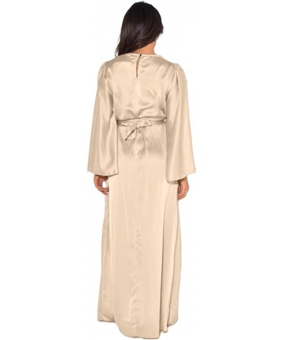 Women's Satin Dress Long Sleeve Crew Neck Belted Cocktail Party Wedding Guest Maxi Dresses Beige $16.96 Dresses