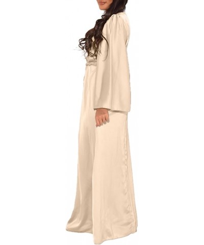 Women's Satin Dress Long Sleeve Crew Neck Belted Cocktail Party Wedding Guest Maxi Dresses Beige $16.96 Dresses