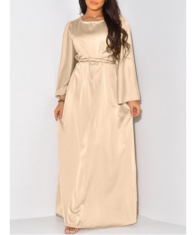 Women's Satin Dress Long Sleeve Crew Neck Belted Cocktail Party Wedding Guest Maxi Dresses Beige $16.96 Dresses