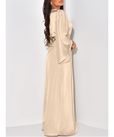 Women's Satin Dress Long Sleeve Crew Neck Belted Cocktail Party Wedding Guest Maxi Dresses Beige $16.96 Dresses