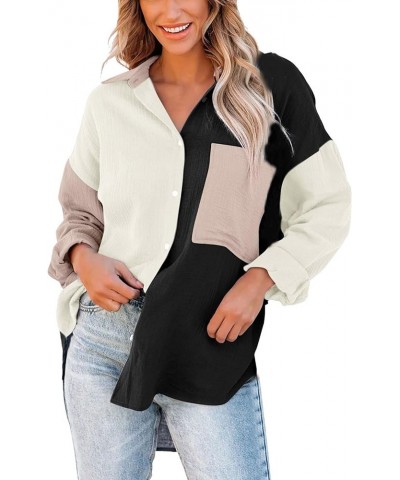 Pure Cotton Splice Contrast Cardigan Loose Lapel Drop Shoulder Sleeve Casual Shirt Womens Fleece Jackets Sweaters Beige $10.3...