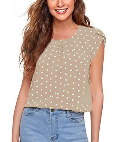 Blouses for Women Fashion 2024 Summer Round Neck Petal Sleeve Breathable Tops Floral Printing Hide Belly T Shirts 3-khaki $3....