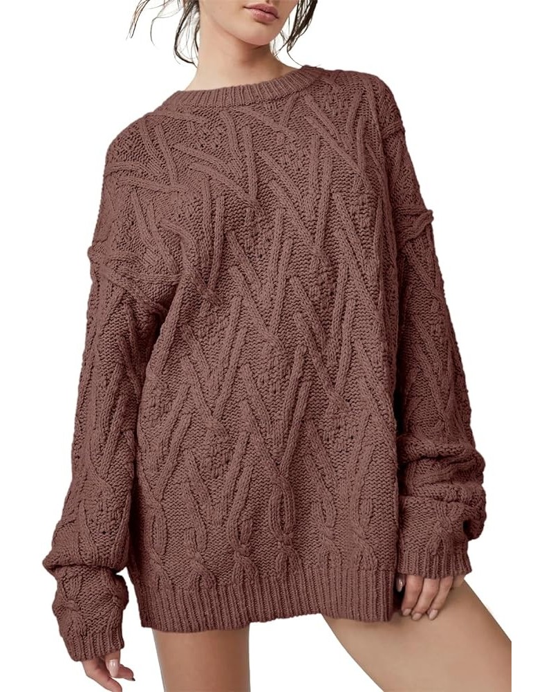 Womens 2023 Fall Sweaters Crewneck Oversized Cable Knit Pullovers Long Sleeve Sweater Casual Jumper Top Brown $19.35 Sweaters