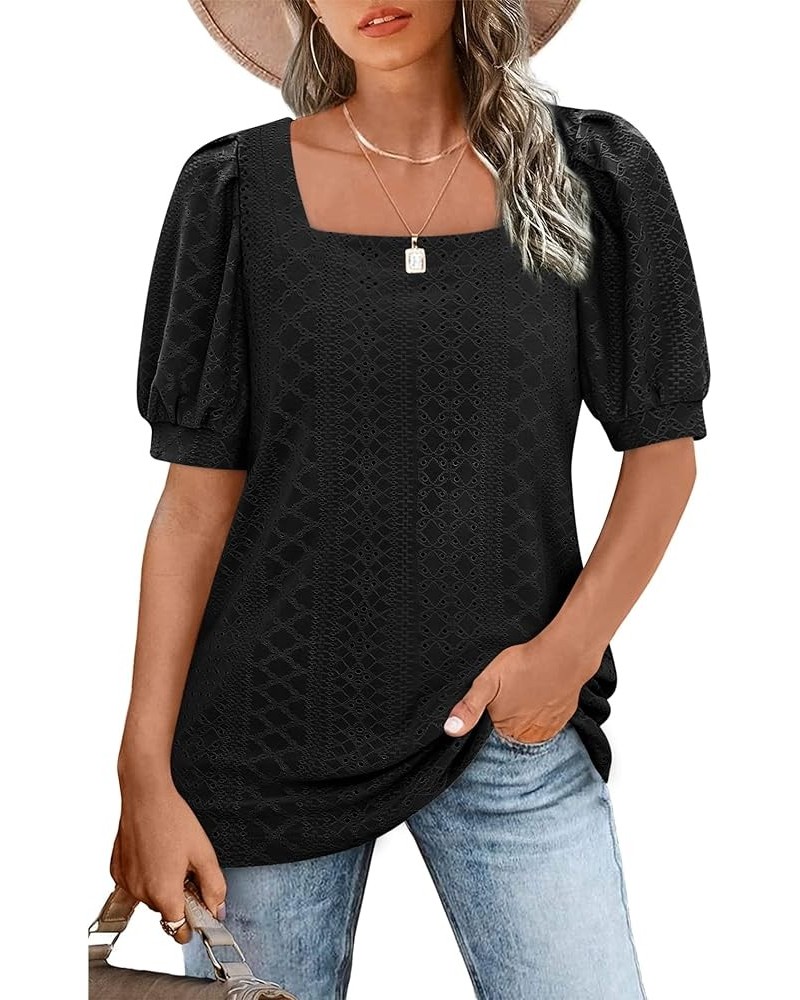 Womens Summer Tops 2024 Square Neck Short Sleeve Tunic Tops Eyelet T-Shirts S-2XL 02-black $15.94 Tops