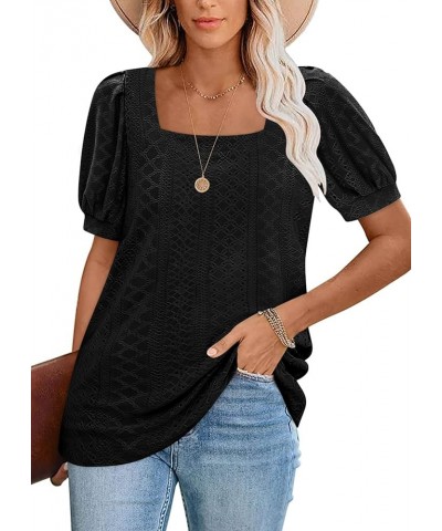 Womens Summer Tops 2024 Square Neck Short Sleeve Tunic Tops Eyelet T-Shirts S-2XL 02-black $15.94 Tops