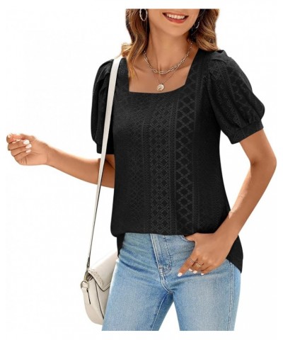 Womens Summer Tops 2024 Square Neck Short Sleeve Tunic Tops Eyelet T-Shirts S-2XL 02-black $15.94 Tops