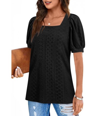 Womens Summer Tops 2024 Square Neck Short Sleeve Tunic Tops Eyelet T-Shirts S-2XL 02-black $15.94 Tops