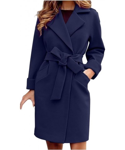 Wool Coat for Women 2024 Trendy Winter Long Overcoat Fashion Belted Jacket Casual Solid Outerwear with Pockets Dark Blue $10....
