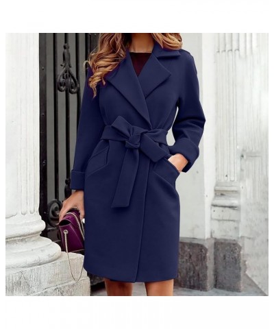 Wool Coat for Women 2024 Trendy Winter Long Overcoat Fashion Belted Jacket Casual Solid Outerwear with Pockets Dark Blue $10....