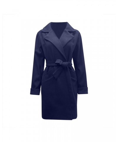 Wool Coat for Women 2024 Trendy Winter Long Overcoat Fashion Belted Jacket Casual Solid Outerwear with Pockets Dark Blue $10....