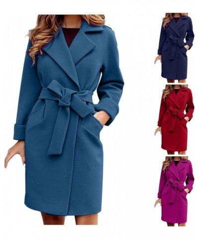 Wool Coat for Women 2024 Trendy Winter Long Overcoat Fashion Belted Jacket Casual Solid Outerwear with Pockets Dark Blue $10....