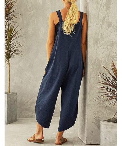 Womens Sleeveless Cotton Linen Adjustable Bib Overalls Baggy Jumpsuits Romper with Pockets Straps Jumpsuit Navy Blue $11.75 O...