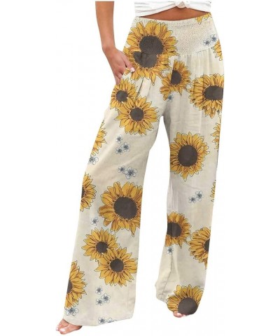 Womens Sunflower Print Palazzo Pants High Waisted Wide Leg Linen Pant Smocked Flowy Casual Summer Lounge Trousers 010 Yellow ...