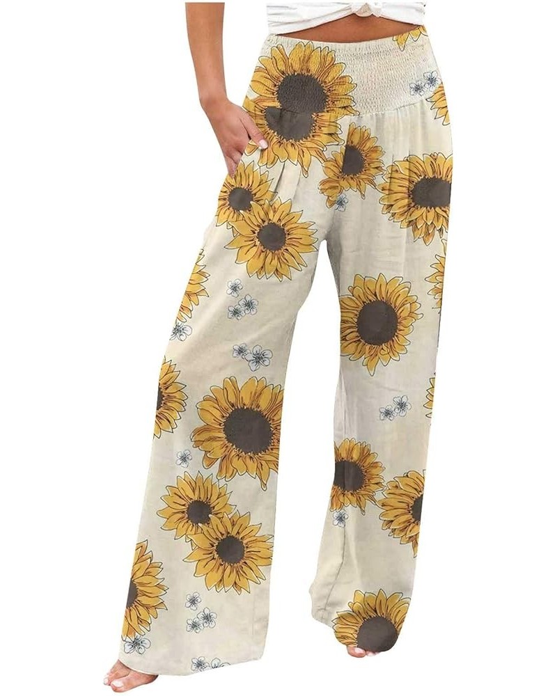 Womens Sunflower Print Palazzo Pants High Waisted Wide Leg Linen Pant Smocked Flowy Casual Summer Lounge Trousers 010 Yellow ...