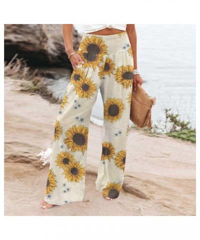 Womens Sunflower Print Palazzo Pants High Waisted Wide Leg Linen Pant Smocked Flowy Casual Summer Lounge Trousers 010 Yellow ...