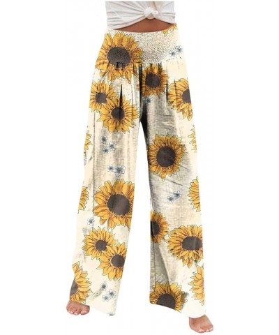 Womens Sunflower Print Palazzo Pants High Waisted Wide Leg Linen Pant Smocked Flowy Casual Summer Lounge Trousers 010 Yellow ...