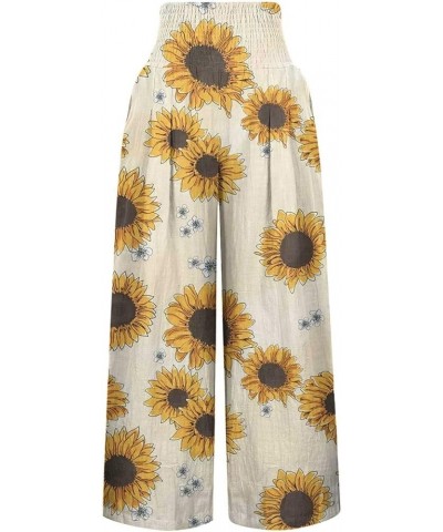 Womens Sunflower Print Palazzo Pants High Waisted Wide Leg Linen Pant Smocked Flowy Casual Summer Lounge Trousers 010 Yellow ...