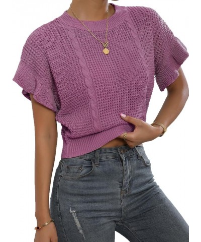 Women's Ruffled Short Sleeve Round Neck Knitted Crop Top Pullovers Sweater Dusty Pink $15.99 Sweaters