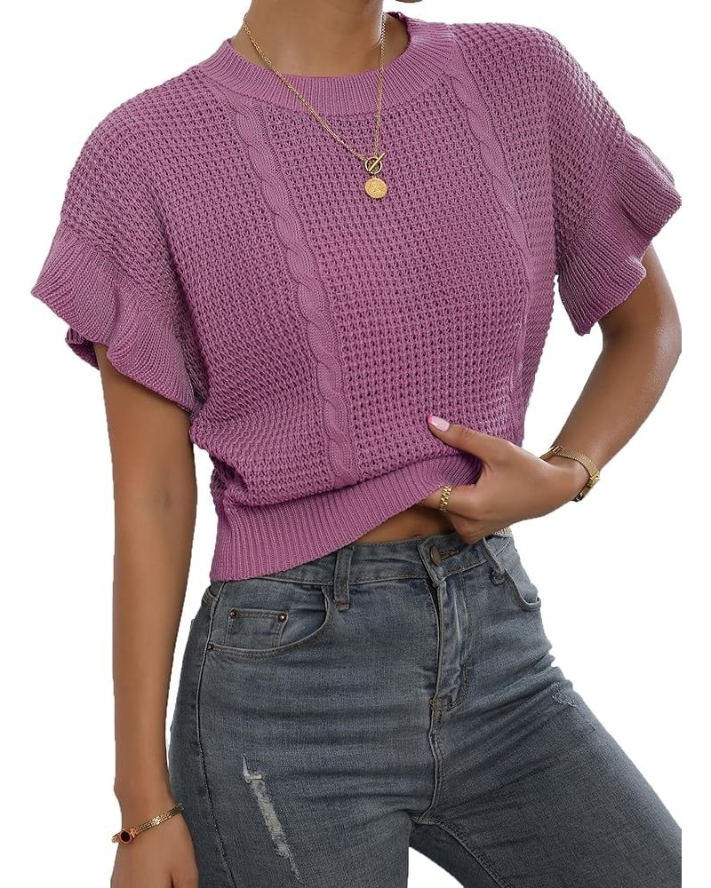 Women's Ruffled Short Sleeve Round Neck Knitted Crop Top Pullovers Sweater Dusty Pink $15.99 Sweaters