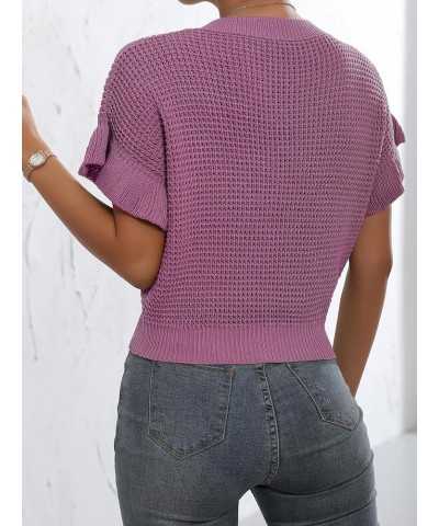 Women's Ruffled Short Sleeve Round Neck Knitted Crop Top Pullovers Sweater Dusty Pink $15.99 Sweaters