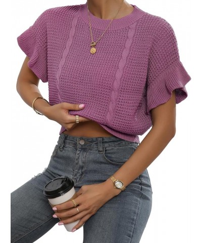 Women's Ruffled Short Sleeve Round Neck Knitted Crop Top Pullovers Sweater Dusty Pink $15.99 Sweaters