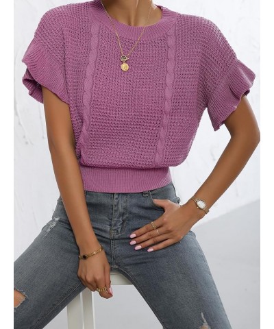 Women's Ruffled Short Sleeve Round Neck Knitted Crop Top Pullovers Sweater Dusty Pink $15.99 Sweaters