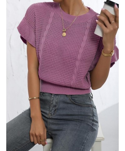 Women's Ruffled Short Sleeve Round Neck Knitted Crop Top Pullovers Sweater Dusty Pink $15.99 Sweaters