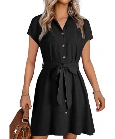 Womens Dresses Button-Down Short Sleeve Empire Waist Casual Vacation Mini Dresses with Belt Black $14.35 Dresses