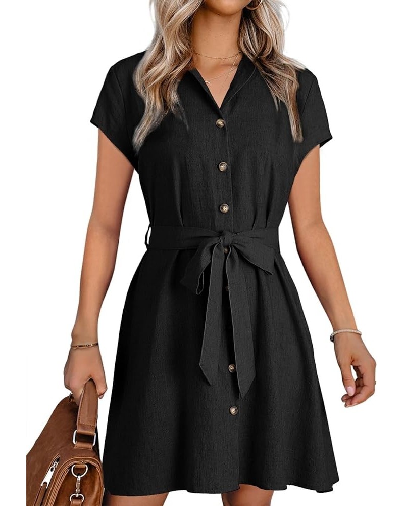 Womens Dresses Button-Down Short Sleeve Empire Waist Casual Vacation Mini Dresses with Belt Black $14.35 Dresses