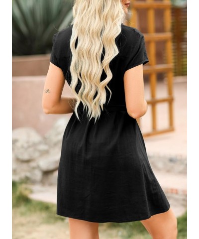 Womens Dresses Button-Down Short Sleeve Empire Waist Casual Vacation Mini Dresses with Belt Black $14.35 Dresses