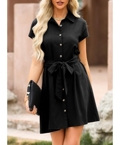 Womens Dresses Button-Down Short Sleeve Empire Waist Casual Vacation Mini Dresses with Belt Black $14.35 Dresses