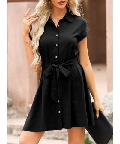 Womens Dresses Button-Down Short Sleeve Empire Waist Casual Vacation Mini Dresses with Belt Black $14.35 Dresses