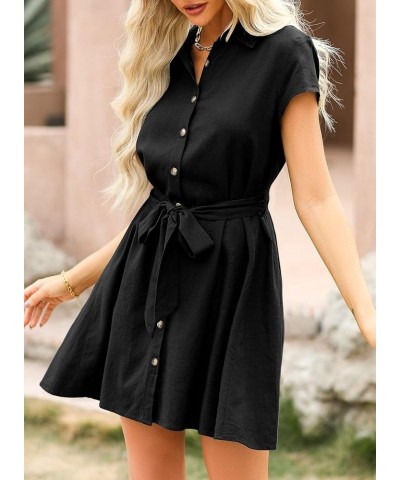 Womens Dresses Button-Down Short Sleeve Empire Waist Casual Vacation Mini Dresses with Belt Black $14.35 Dresses