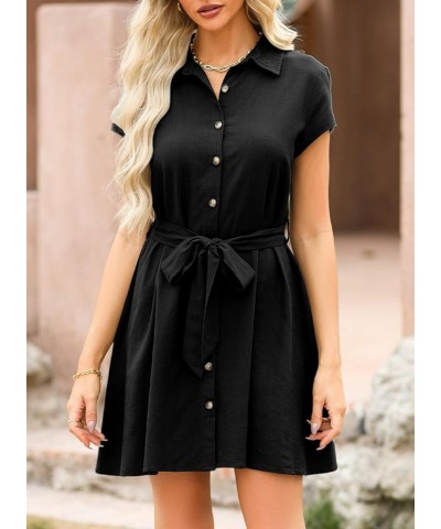 Womens Dresses Button-Down Short Sleeve Empire Waist Casual Vacation Mini Dresses with Belt Black $14.35 Dresses