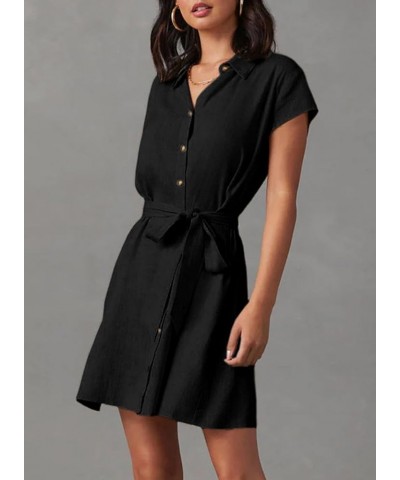 Womens Dresses Button-Down Short Sleeve Empire Waist Casual Vacation Mini Dresses with Belt Black $14.35 Dresses