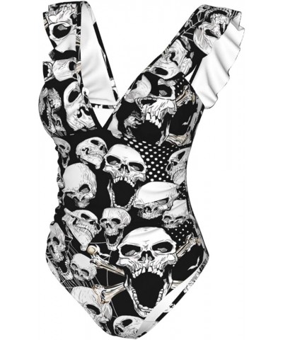 Skull Death Grunge Bone Black Women's Ruffled V-Neck One Piece Swimsuit Flounce Lace Bathing Suit Medium Black $13.59 Swimsuits