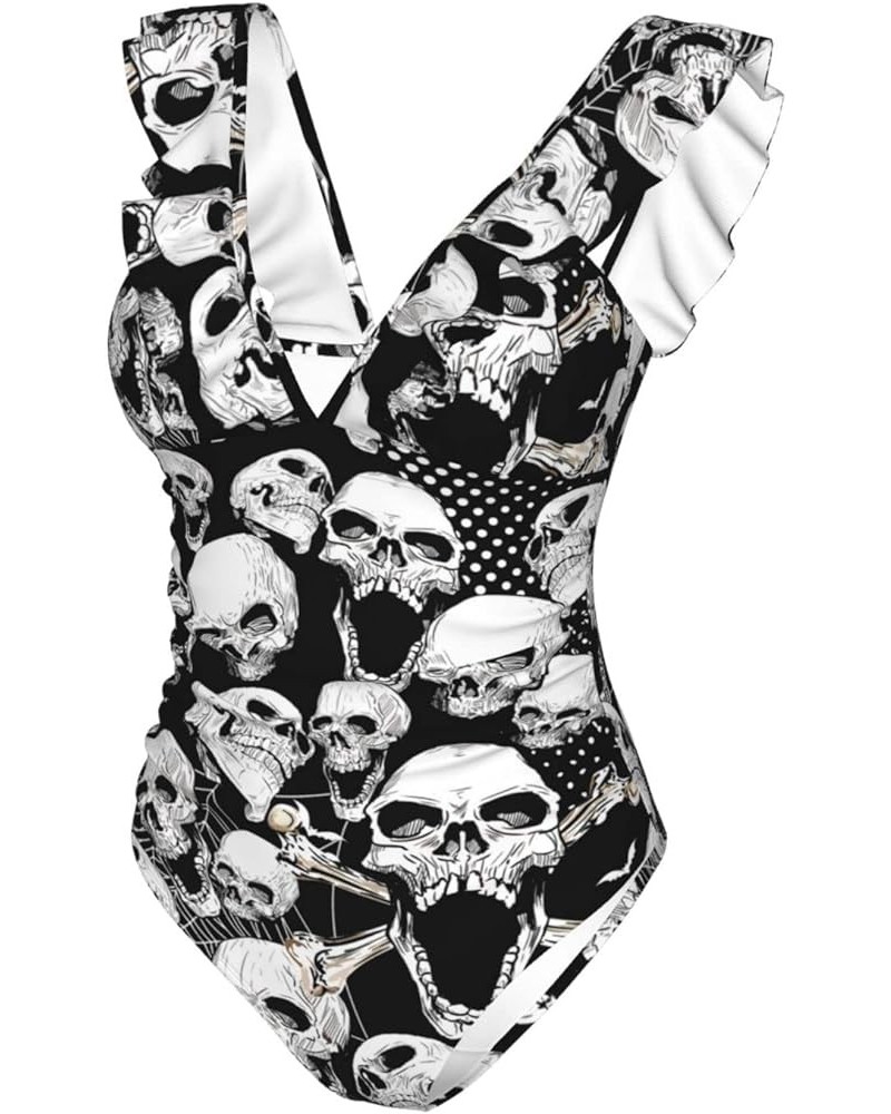 Skull Death Grunge Bone Black Women's Ruffled V-Neck One Piece Swimsuit Flounce Lace Bathing Suit Medium Black $13.59 Swimsuits