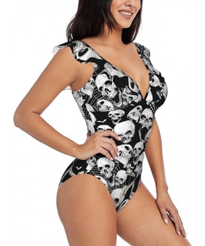 Skull Death Grunge Bone Black Women's Ruffled V-Neck One Piece Swimsuit Flounce Lace Bathing Suit Medium Black $13.59 Swimsuits