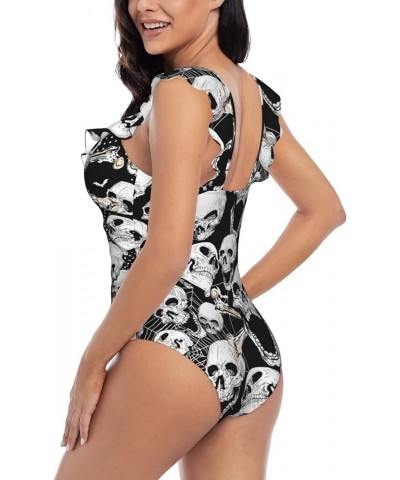 Skull Death Grunge Bone Black Women's Ruffled V-Neck One Piece Swimsuit Flounce Lace Bathing Suit Medium Black $13.59 Swimsuits