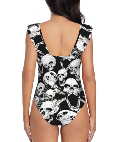 Skull Death Grunge Bone Black Women's Ruffled V-Neck One Piece Swimsuit Flounce Lace Bathing Suit Medium Black $13.59 Swimsuits