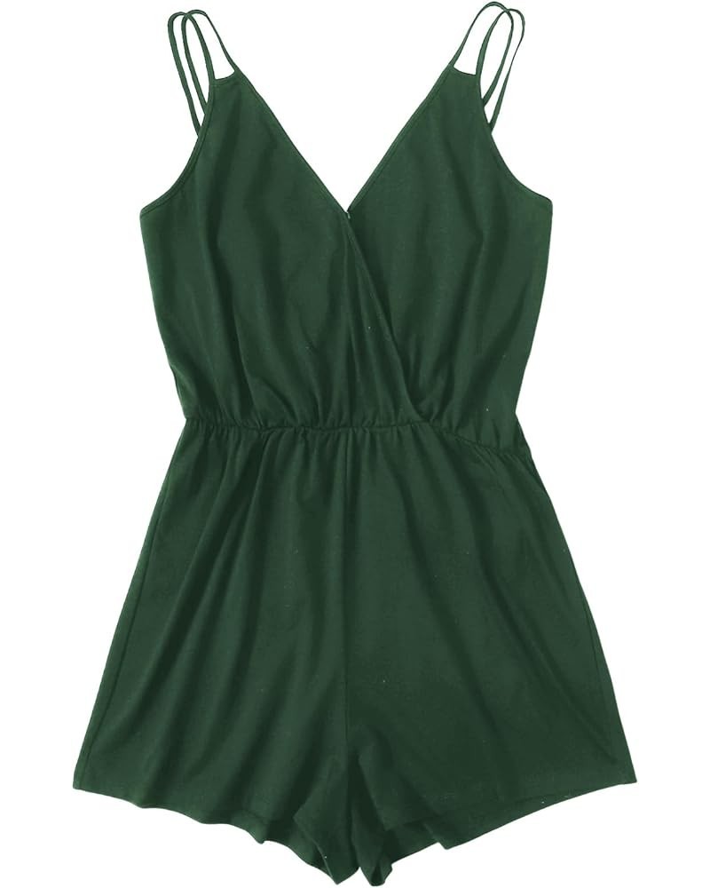 Women's Plus Size Cami Romper Wrap V Neck Spaghetti Straps Casual Short Jumpsuit Dark Green $15.05 Rompers