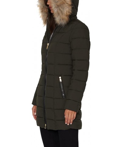 Women's Stretch 3/4 Puffer Jacket with Faux Fur Striped Hood Moss Green $25.84 Coats