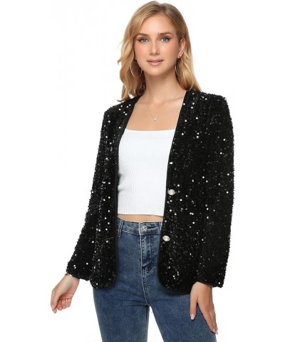 Women's Open Front Sequin Jacket Casual Long Sleeve Cardigan V-Neck Coat Velvet Loose Outerwear Button Blazer Club Party Blac...