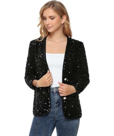 Women's Open Front Sequin Jacket Casual Long Sleeve Cardigan V-Neck Coat Velvet Loose Outerwear Button Blazer Club Party Blac...
