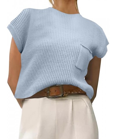 Women Vintage Sleeveless Knit Sweater Vest Loose Fit Mock Neck Cap Sleeve Casual Tank Top with Front Pocket Light Blue $14.49...